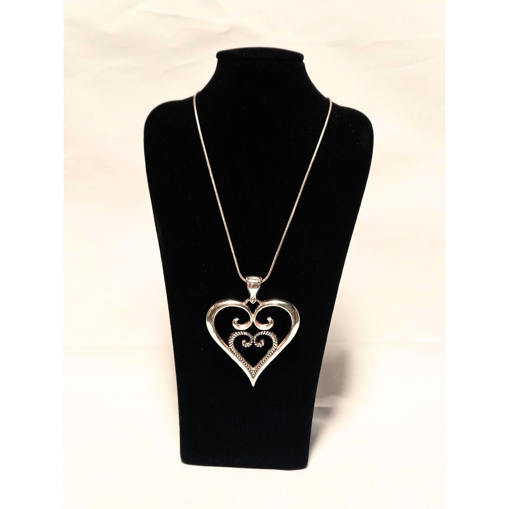 Heart Scroll Pendant Necklace Silver Tone Open Heart Filigree Style Snake Chain